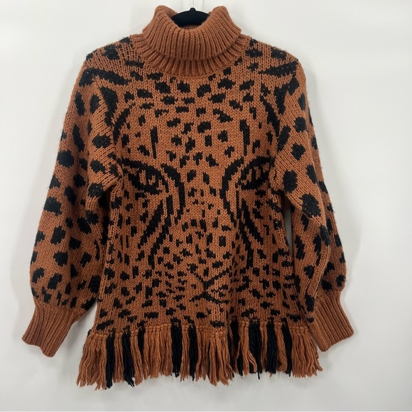 NWT FARM Rio Caramel Leopard Turtleneck Wool Sweater Knit Fleece Pullover XS - Picture 10 of 15